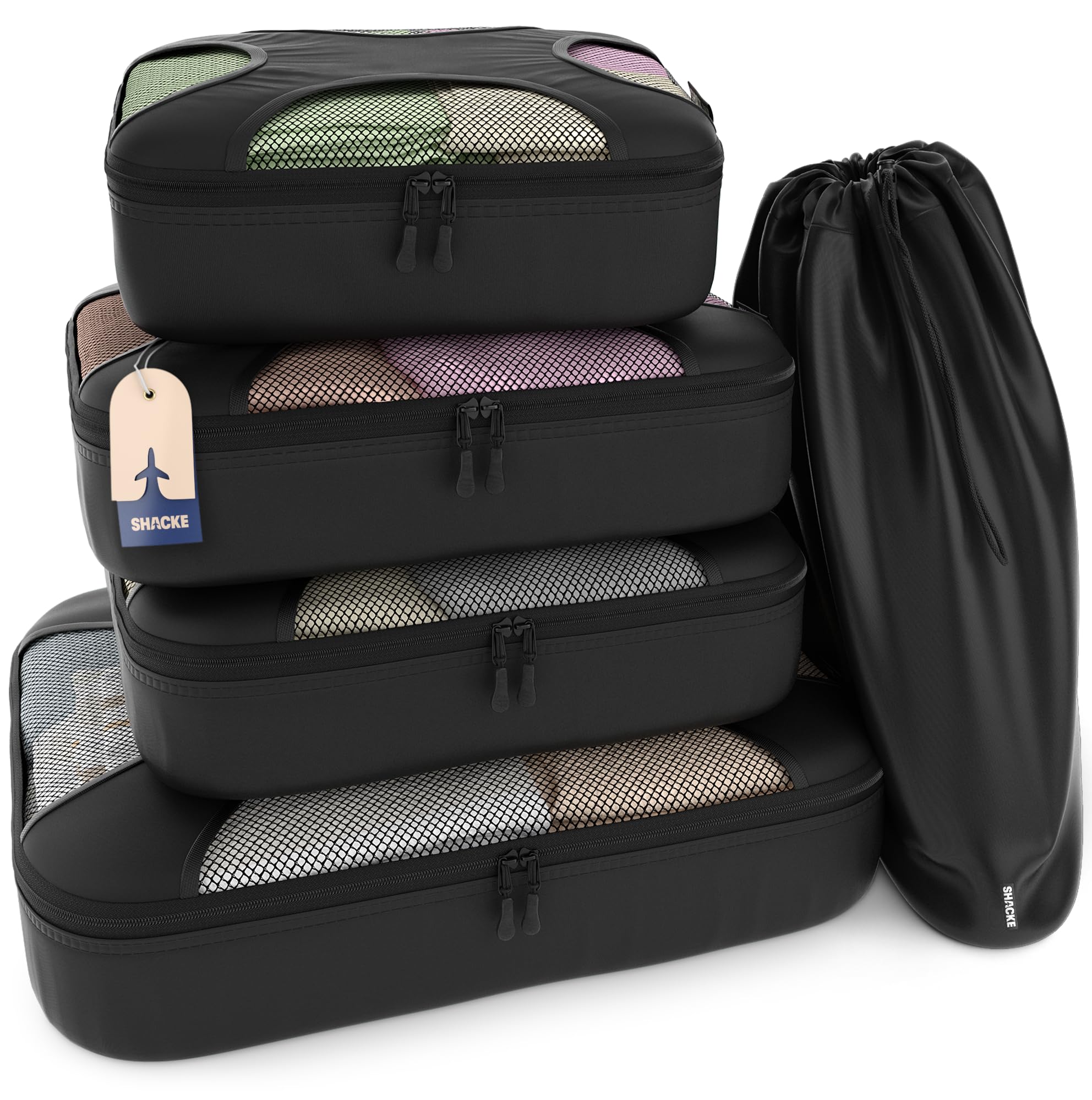 Shacke 5 Set Packing Cubes for Travel with Laundry Bag (Pure Black) | Suitcase Organizer Bags Set: 4 Water-Resistant Luggage Cubes, XL to Small, + Laundry Bag for Carry-On or Checked