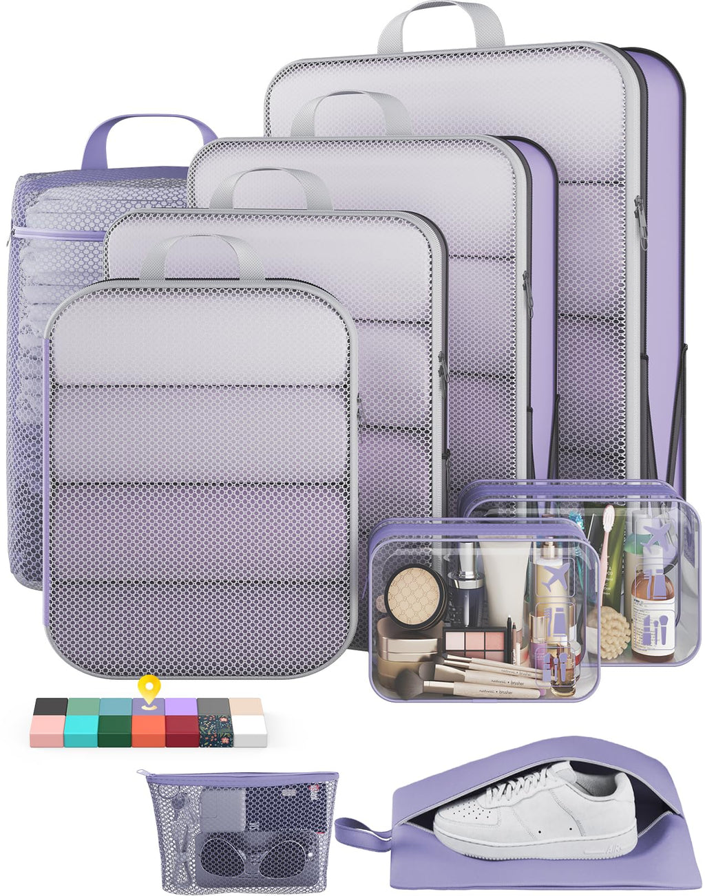 Veken 9/11 Set Compression Packing Cubes Garment Bags for Travel Essentials,Compressible Expandable Luggage Organizer Bags for Clothing,Space Saver Bags with Over 1000 pcs of Mesh Holes(Beige)