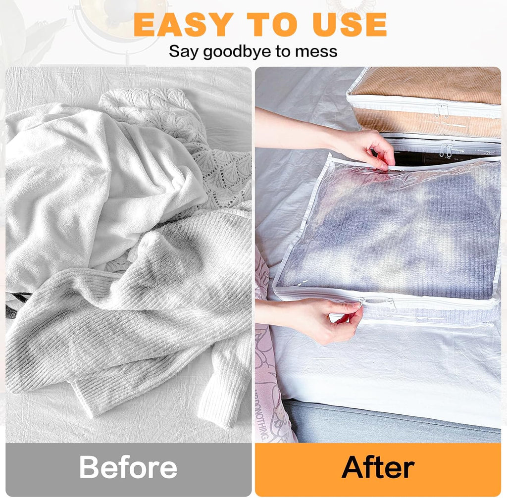 Clear Zippered Plastic Clothes Storage Bags, 6 Pack, White | Clear Storage Bags with Zipper Plastic Storage Bags for Clothes Sweaters Blankets Sheets, Size: 15.7 x 13.8 x 3.9 Inch