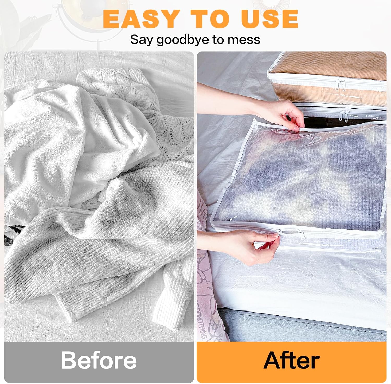 Clear Zippered Plastic Clothes Storage Bags, 6 Pack, White | Clear Storage Bags with Zipper Plastic Storage Bags for Clothes Sweaters Blankets Sheets, Size: 15.7 x 13.8 x 3.9 Inch