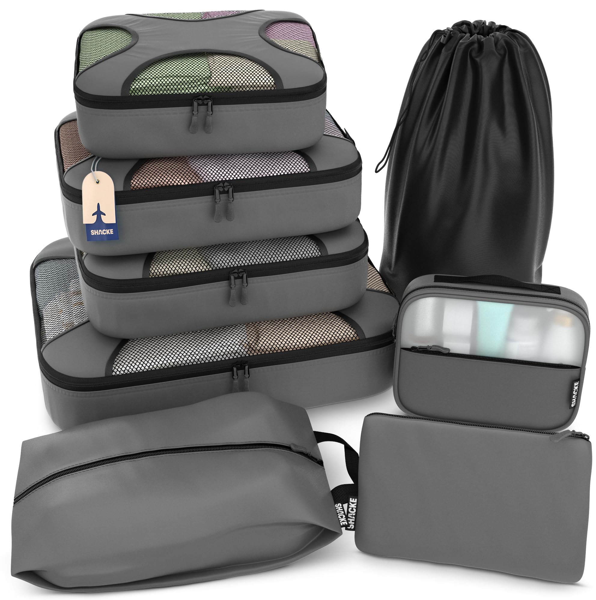 Shacke 5 Set Packing Cubes for Travel with Laundry Bag (Pure Black) | Suitcase Organizer Bags Set: 4 Water-Resistant Luggage Cubes, XL to Small, + Laundry Bag for Carry-On or Checked