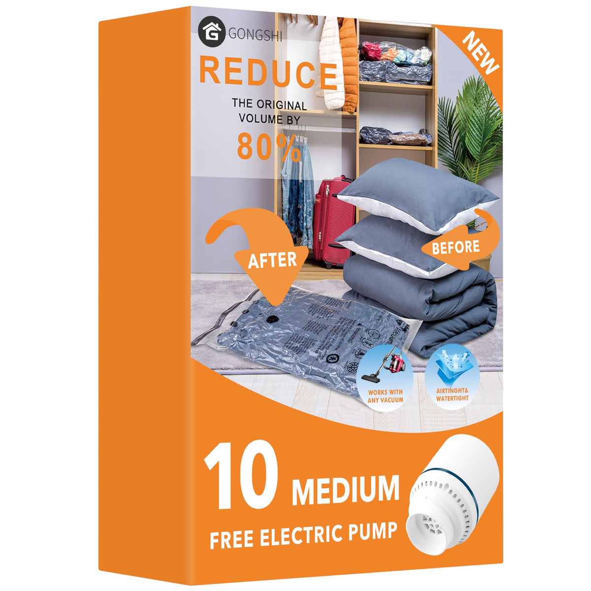 GONGSHI Vacuum Seal Bags for Clothing Travel & Home Storage, Travel Vacuum Bags with Electric Pump,Space Saver for Blankets, Comforters, Pillows, Clothes,32 Combo
