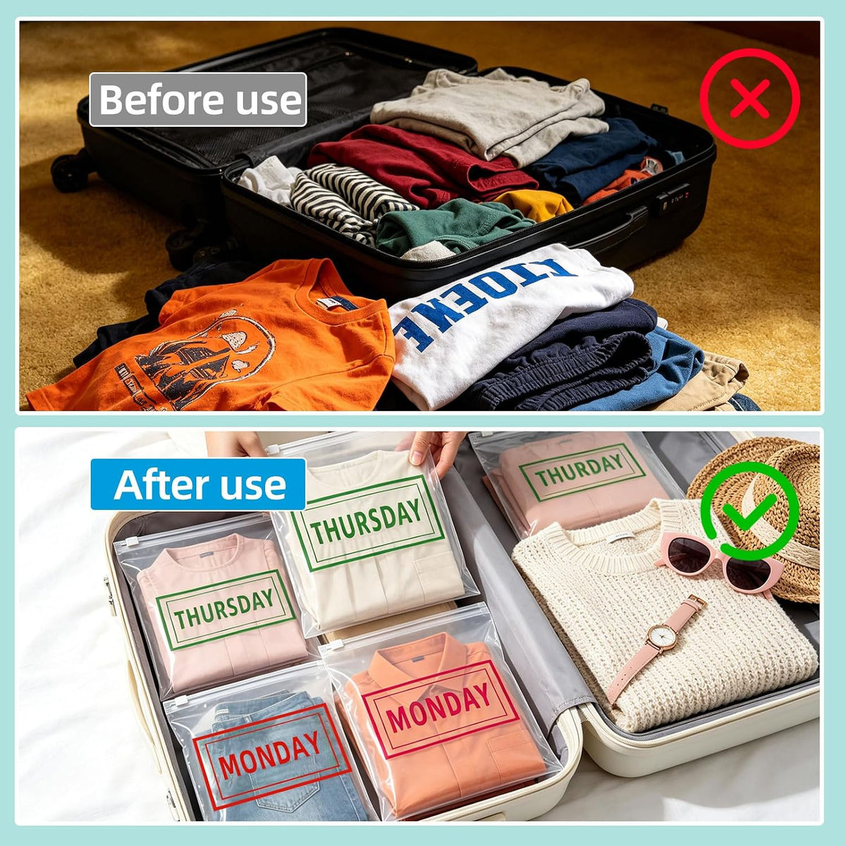 28 Pcs Days of the Week Packing Cubes for Travel Clear Compression Packing Organizers for Suitcase Daily Planner Travel Bags for Clothes Reusable Zippered Luggage Storage Bag