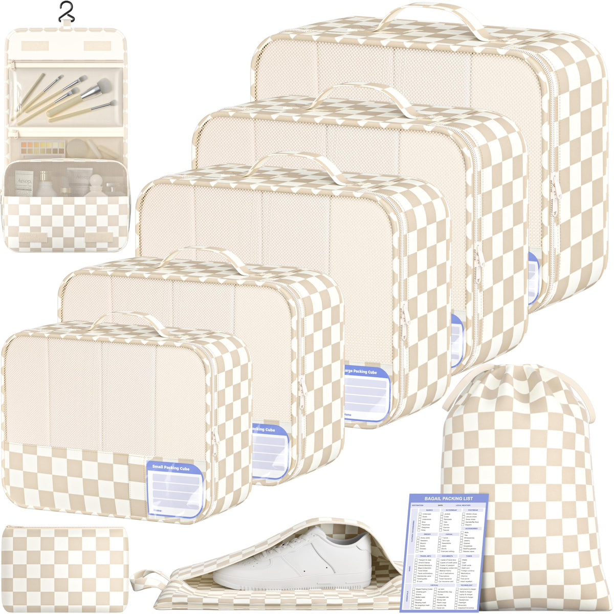 BAGAIL 9 Set Packing Cubes with Packing List Luggage Packing Organizers for Travel Accessories (Cream)