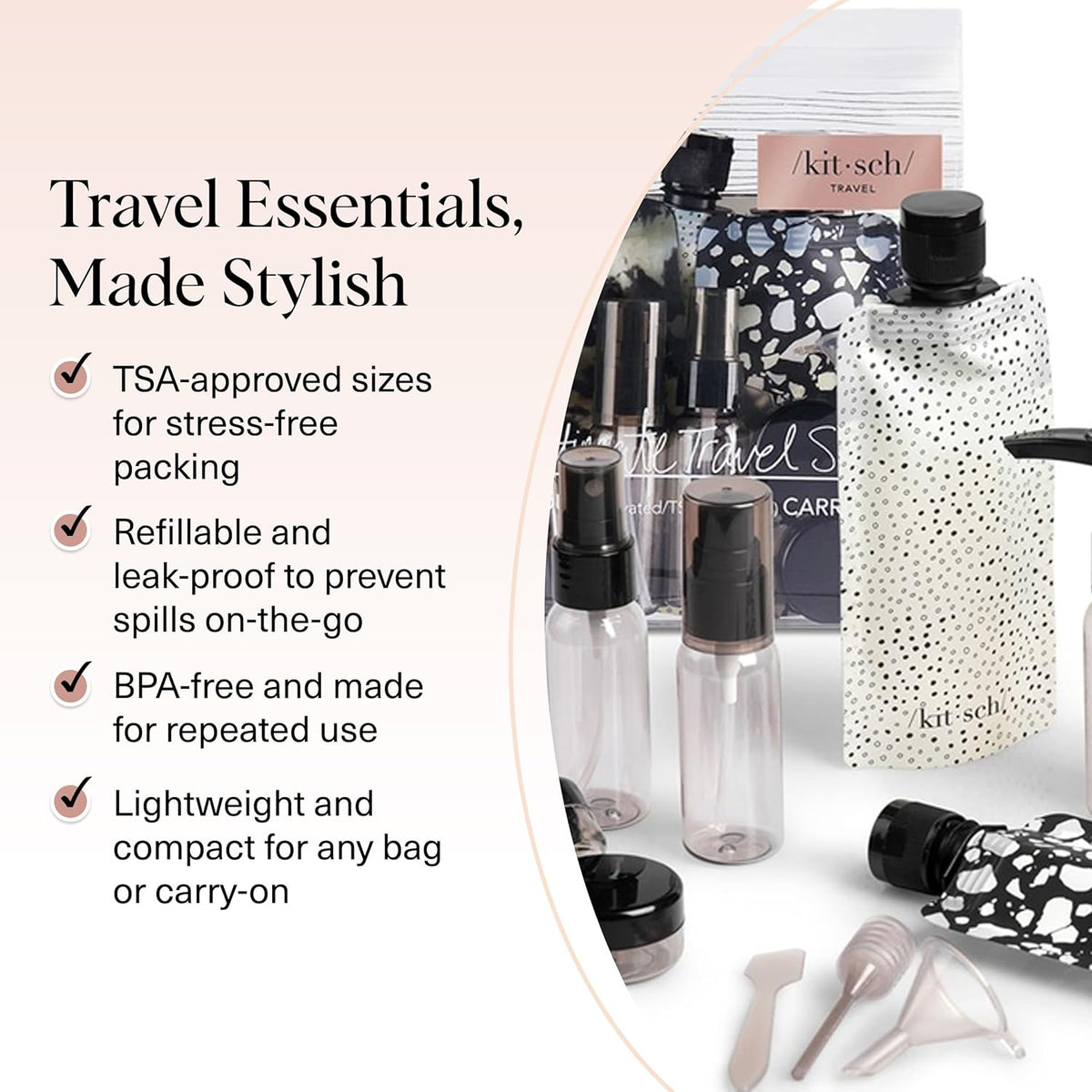 Kitsch 11 PCS Containers Travel Size Toiletries - Black & Ivory | Travel Essentials Kit for Shampoo, & More - TSA Approved Travel Bottles, Leak-Proof Refillable Travel Containers