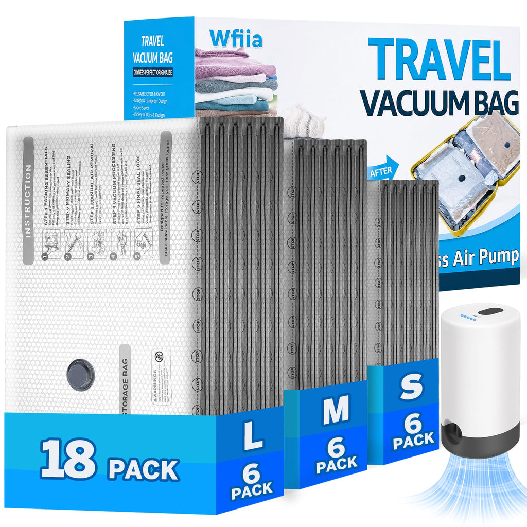 15+1 Packs Vacuum Bags for Travel with Rechargeable Pump, 3 Sizes Vacuum Seal Bags for Clothing, Compression Vacuum Travel Bags for Luggage, Vacuum Packing Bags for Closet Organization