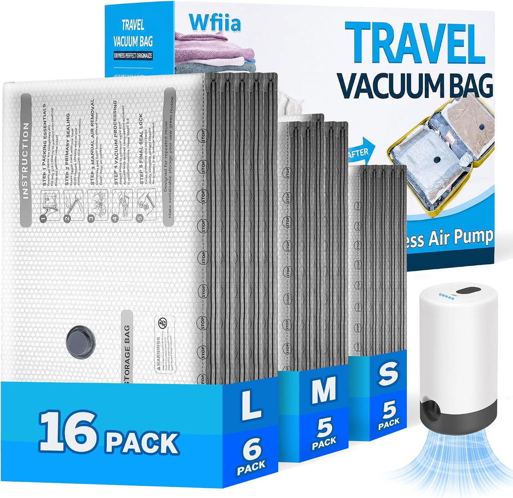 15+1 Packs Vacuum Bags for Travel with Rechargeable Pump, 3 Sizes Vacuum Seal Bags for Clothing, Compression Vacuum Travel Bags for Luggage, Vacuum Packing Bags for Closet Organization