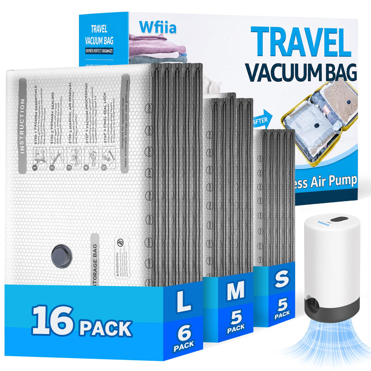 15+1 Packs Vacuum Bags for Travel with Rechargeable Pump, 3 Sizes Vacuum Seal Bags for Clothing, Compression Vacuum Travel Bags for Luggage, Vacuum Packing Bags for Closet Organization