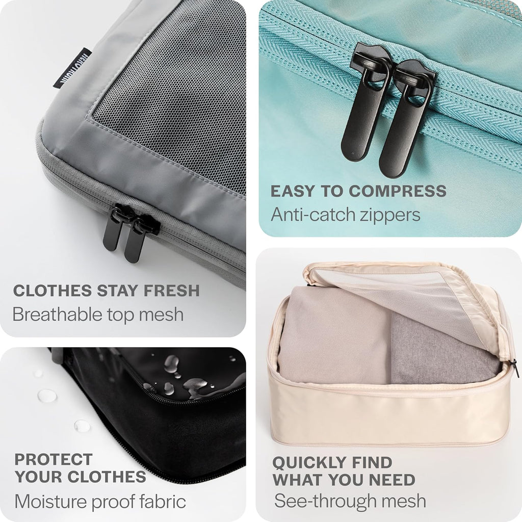 Compression Packing Cubes for Travel, 6-Pack, Beige | Solves overpacking, 6-Piece set fits most suitcases, 50% Space savings, Compression luggage organizer bags