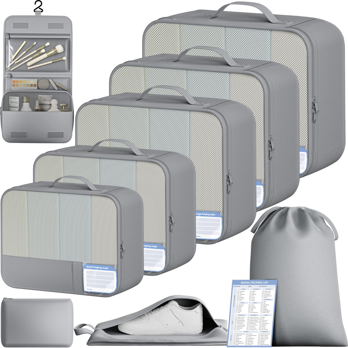 BAGAIL 9 Set Packing Cubes with Packing List Luggage Packing Organizers for Travel Accessories (Cream)