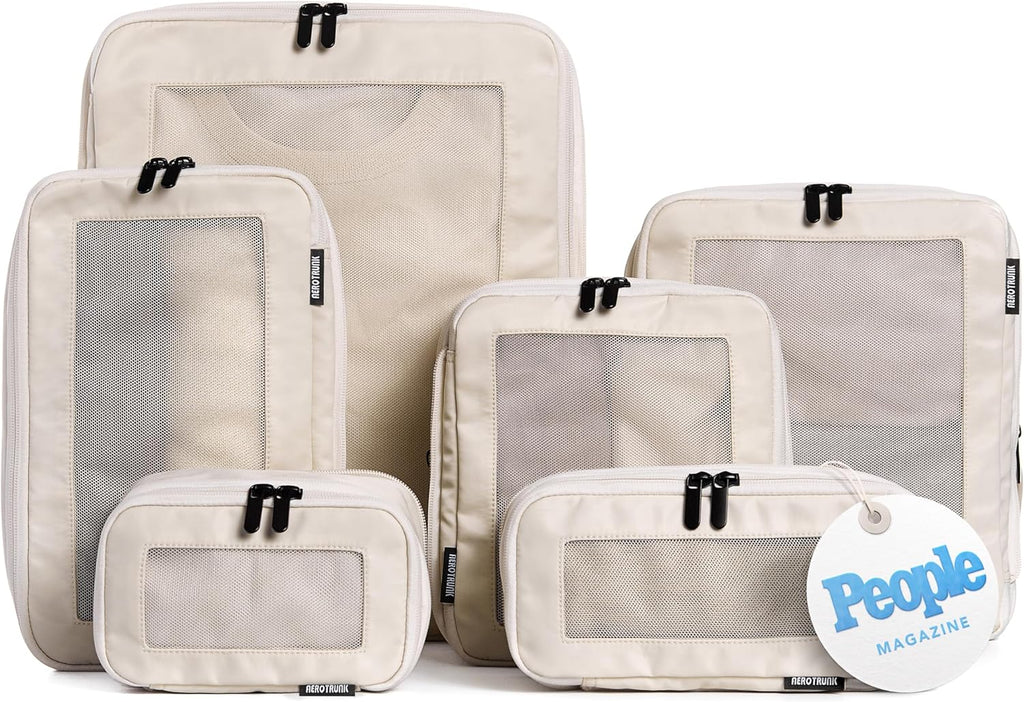 Compression Packing Cubes for Travel, 6-Pack, Beige | Solves overpacking, 6-Piece set fits most suitcases, 50% Space savings, Compression luggage organizer bags