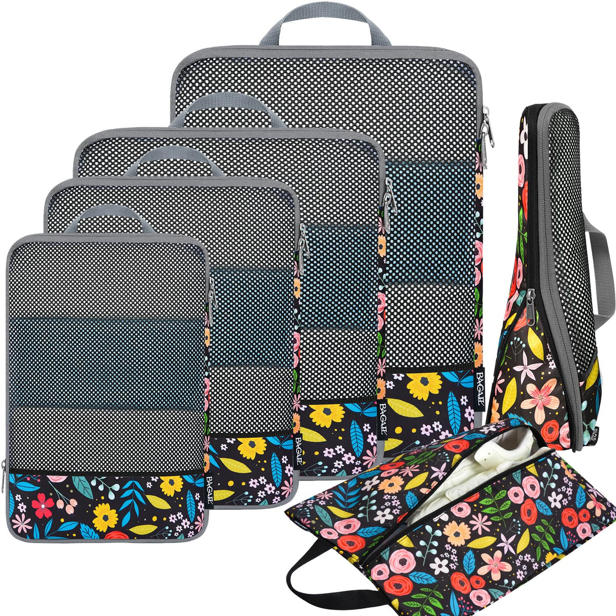 BAGAIL 4 Set/6 Set/8 Set Compression Packing Cubes Travel Accessories Expandable Packing Organizers (Half Mesh, 6-Black)