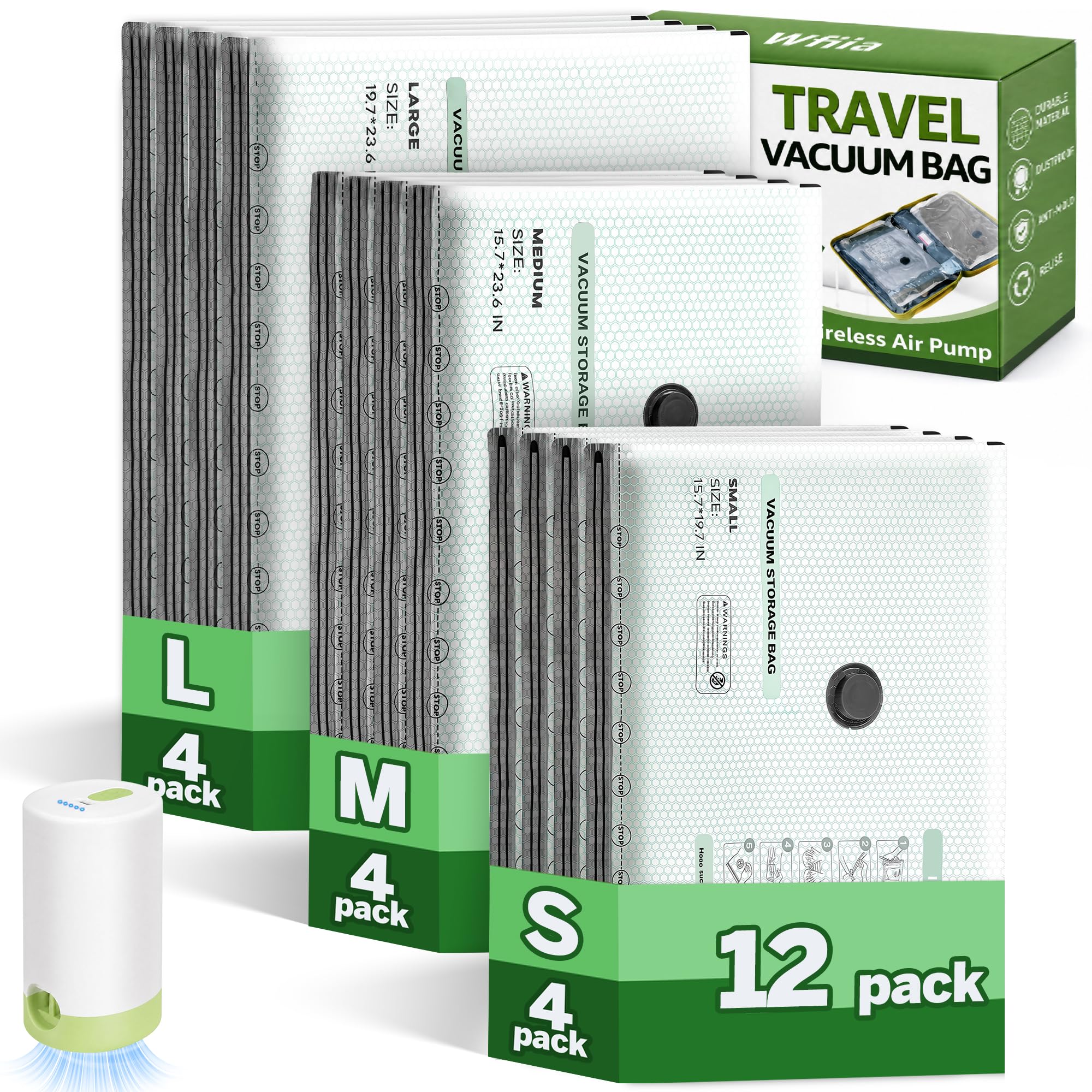 15+1 Packs Vacuum Bags for Travel with Rechargeable Pump, 3 Sizes Vacuum Seal Bags for Clothing, Compression Vacuum Travel Bags for Luggage, Vacuum Packing Bags for Closet Organization