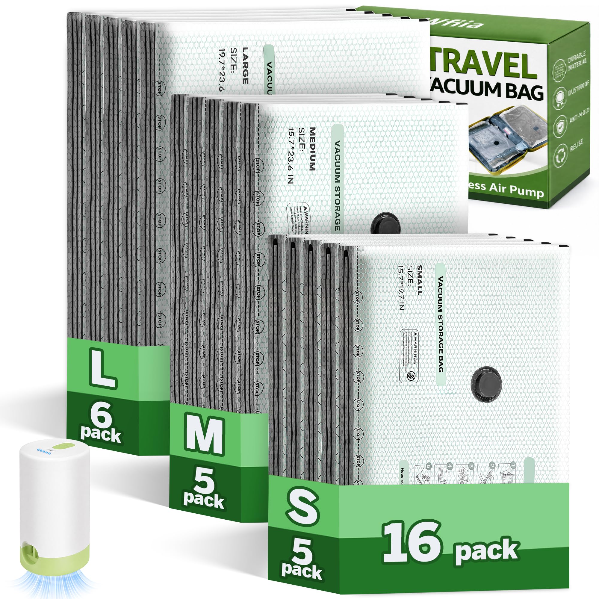 15+1 Packs Vacuum Bags for Travel with Rechargeable Pump, 3 Sizes Vacuum Seal Bags for Clothing, Compression Vacuum Travel Bags for Luggage, Vacuum Packing Bags for Closet Organization