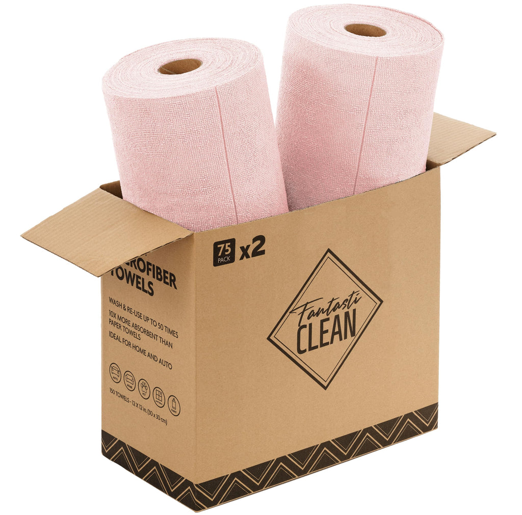 Fantasticlean Microfiber Cleaning Cloth Roll -75 Pack, 12" x 12" (Pink) | Reusable Alternative to Paper Towels, Ultra Absorbent, Lint-free Microfiber Towel Roll, for All-Purpose Cleaning