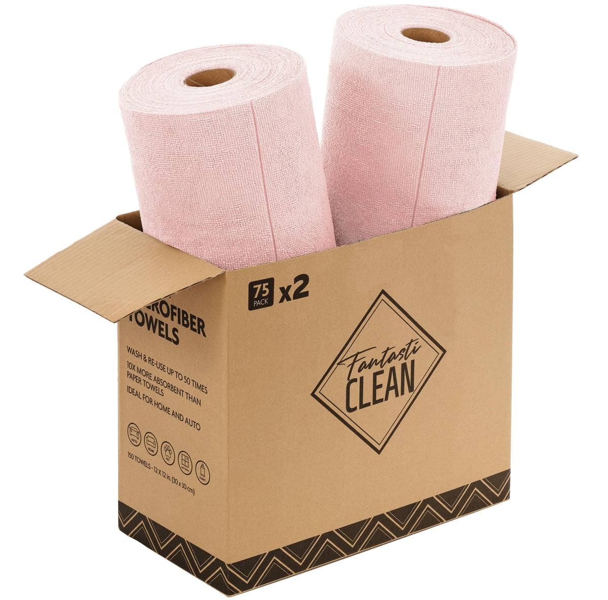 Fantasticlean Microfiber Cleaning Cloth Roll -75 Pack, 12" x 12" (Pink) | Reusable Alternative to Paper Towels, Ultra Absorbent, Lint-free Microfiber Towel Roll, for All-Purpose Cleaning