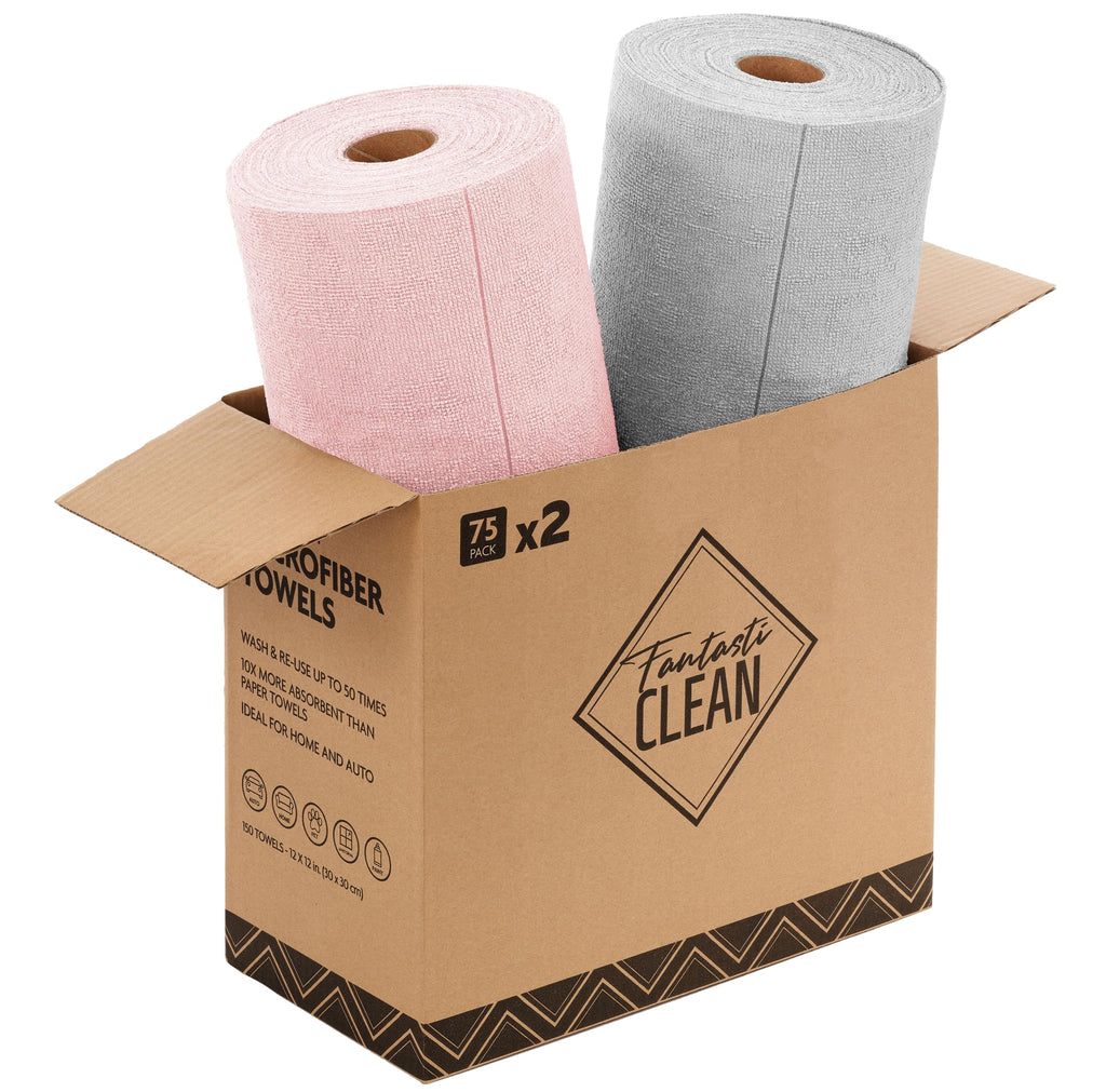 Fantasticlean Microfiber Cleaning Cloth Roll -75 Pack, 12" x 12" (Pink) | Reusable Alternative to Paper Towels, Ultra Absorbent, Lint-free Microfiber Towel Roll, for All-Purpose Cleaning